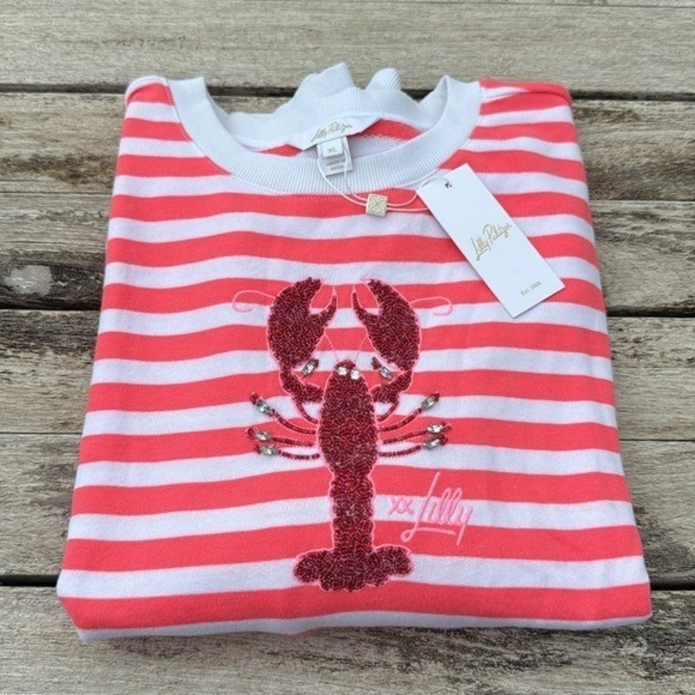 Lilly Pulitzer Ballad Long Sleeve Sweatshirt lobster ๐ฆ size XL NWT Striped